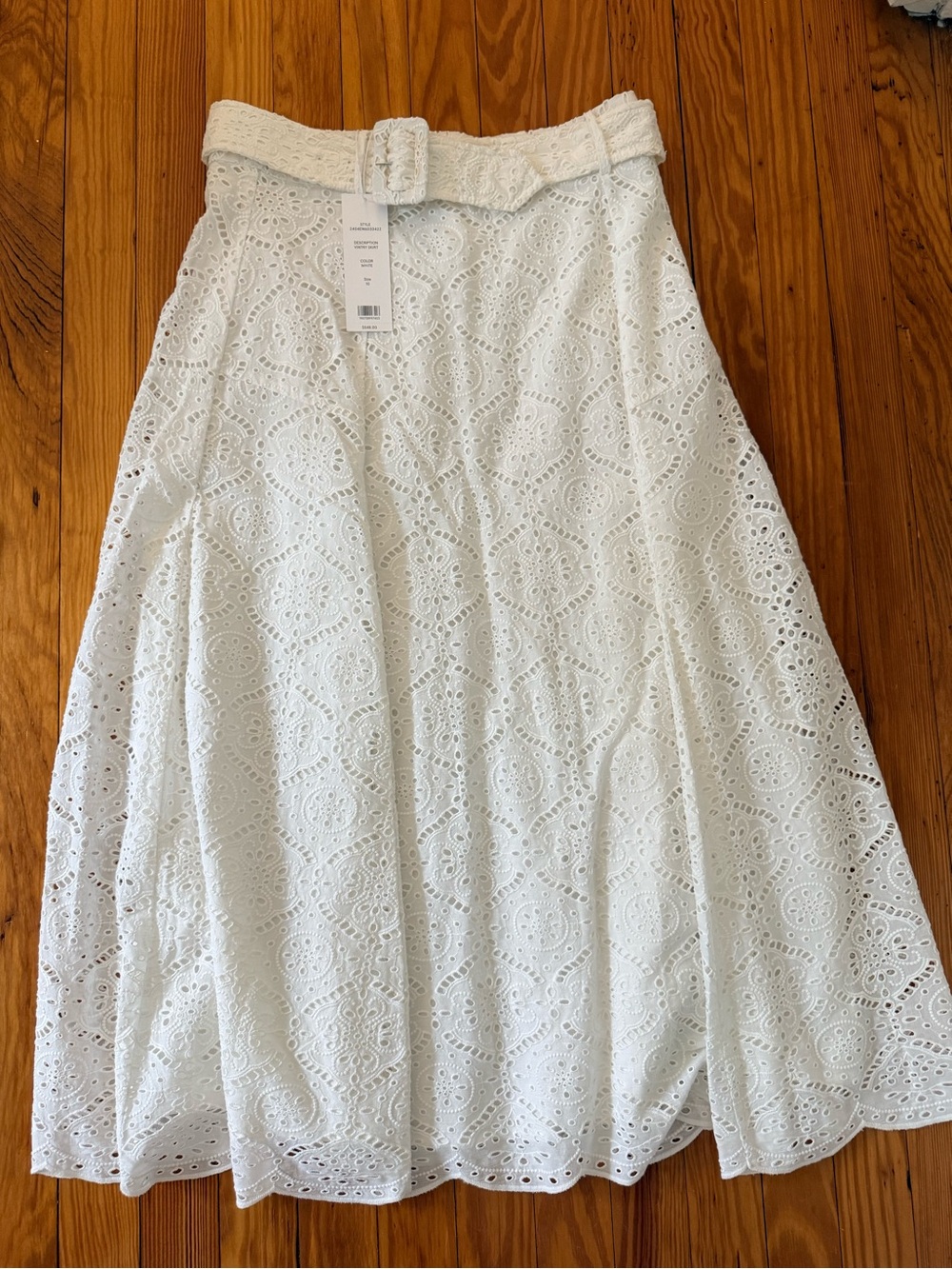 Veronica Beard White Eyelet A-Line Skirt with Belted Waist